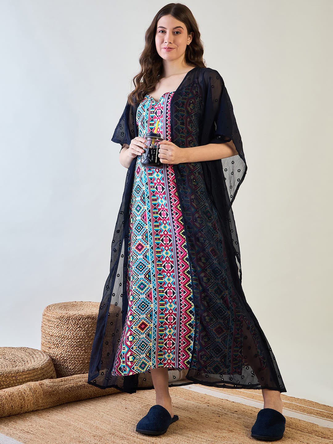 The Kaftan Company Sleep Gowns Aztec Slip and Blue Dobby Elegant Gown Set