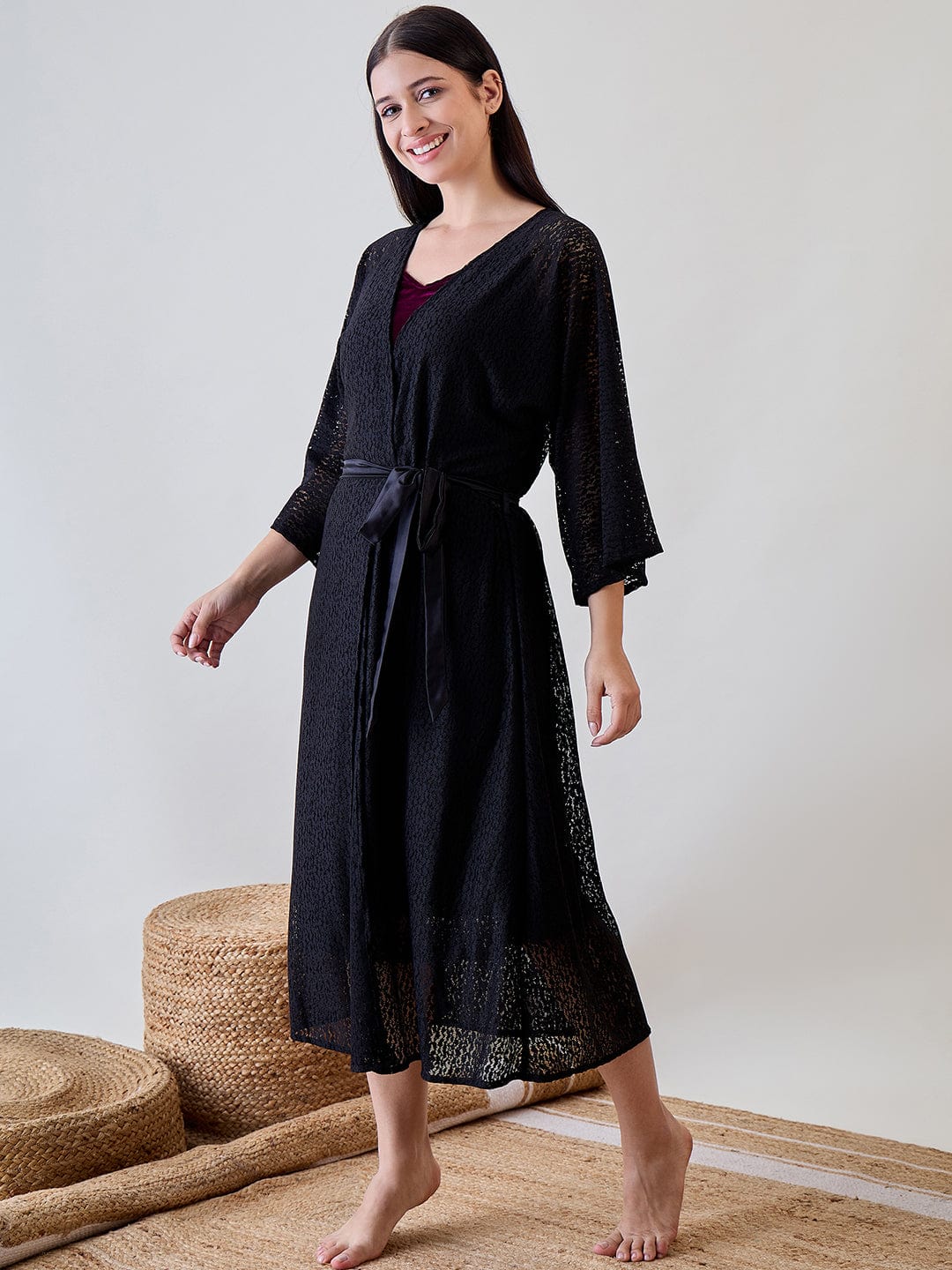 The Kaftan Company Sleep Gowns Black Delicate Lace Gown With Burgundy Velvet Slip