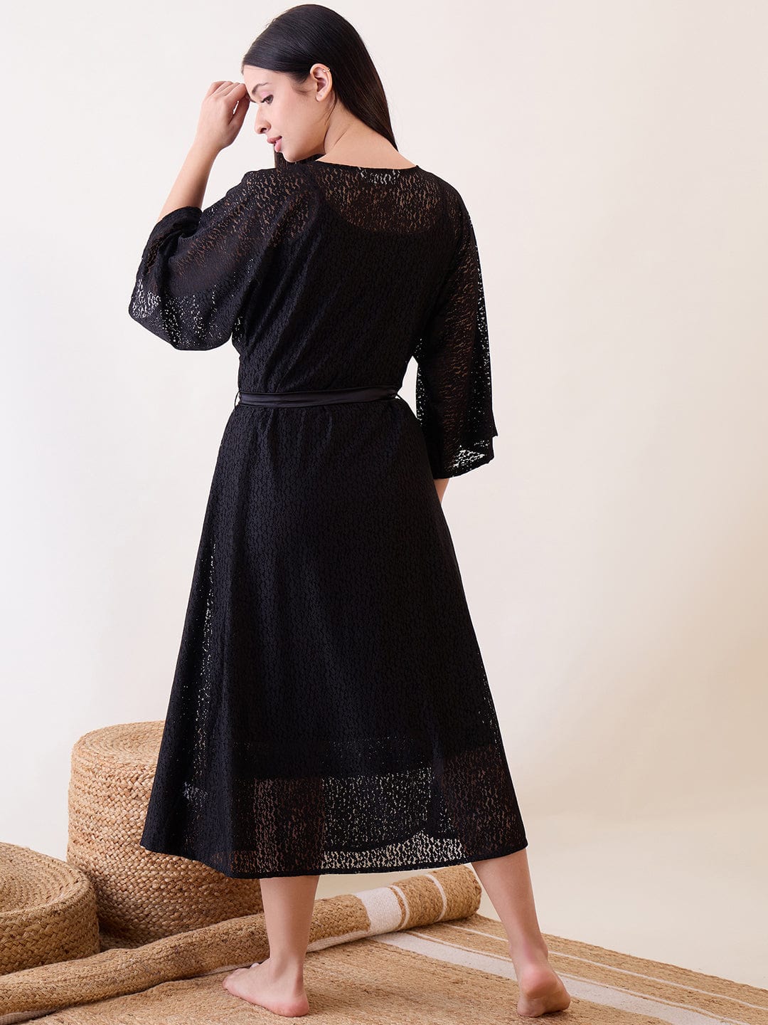 The Kaftan Company Sleep Gowns Black Delicate Lace Gown With Burgundy Velvet Slip
