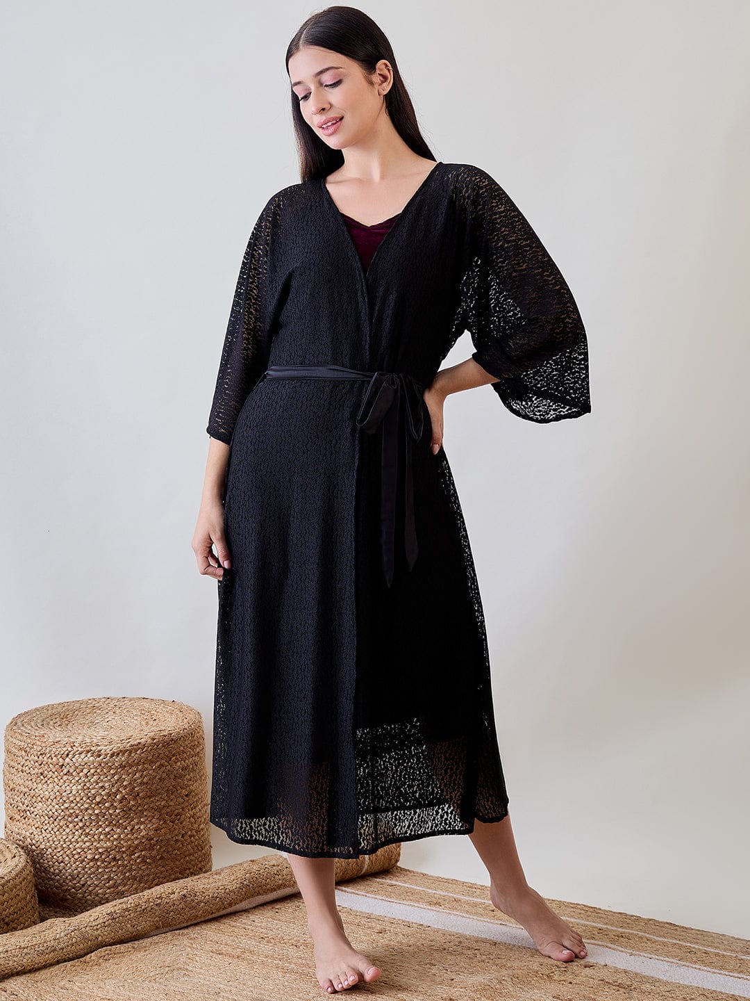 The Kaftan Company Sleep Gowns Black Delicate Lace Gown With Burgundy Velvet Slip