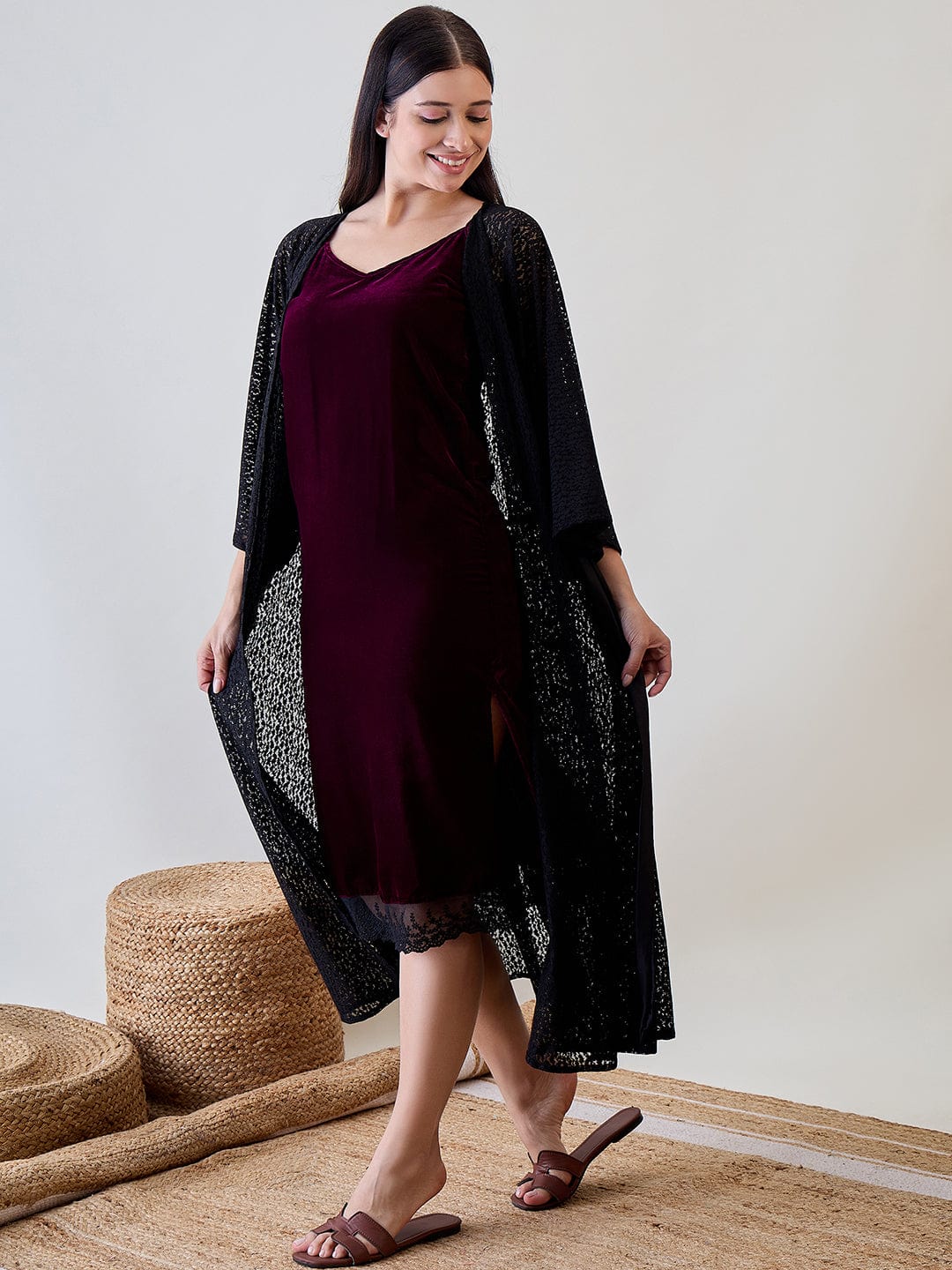 The Kaftan Company Sleep Gowns Black Delicate Lace Gown With Burgundy Velvet Slip