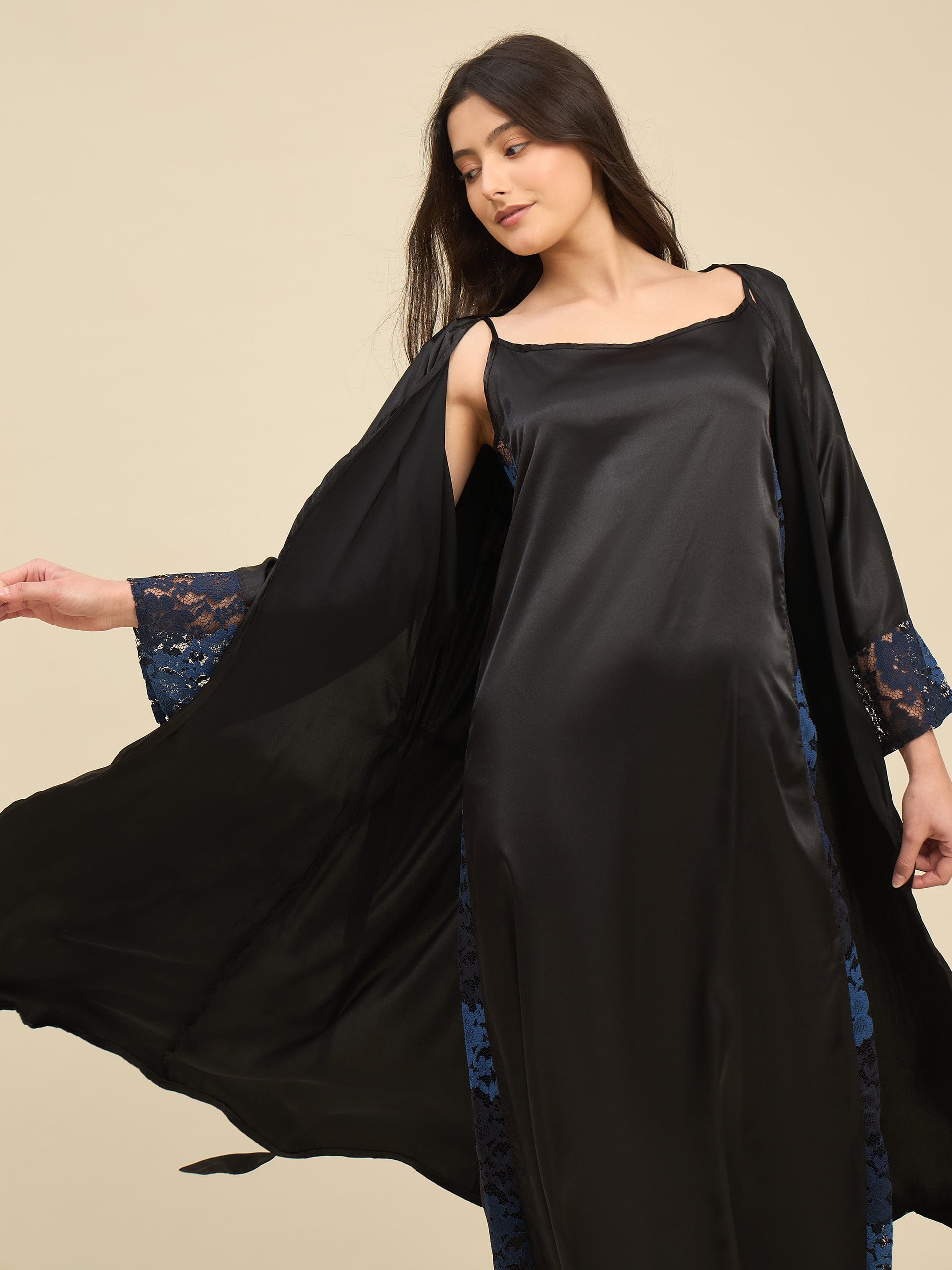 The Kaftan Company Sleep Gowns Black Satin Gown Set with Lace Trim