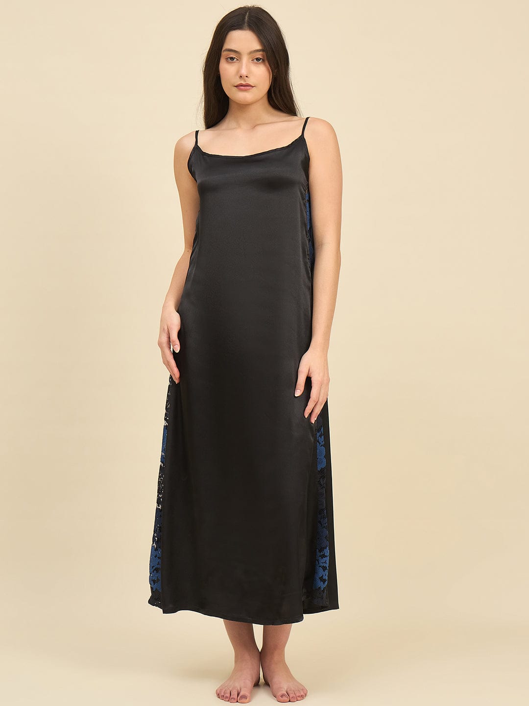 The Kaftan Company Sleep Gowns Black Satin Gown Set with Lace Trim