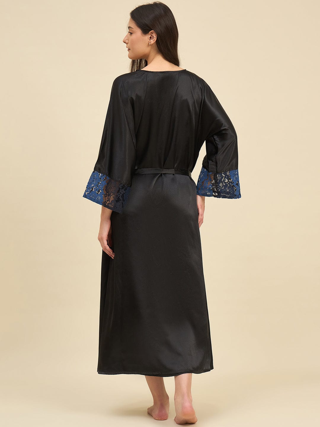 The Kaftan Company Sleep Gowns Black Satin Gown Set with Lace Trim