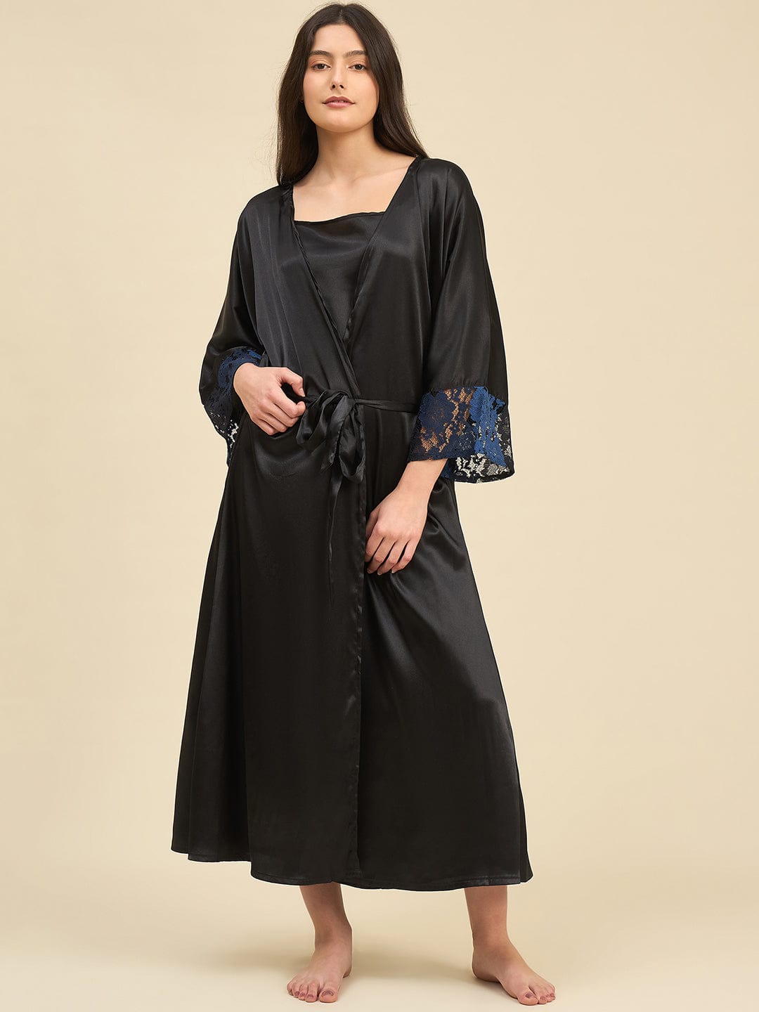 The Kaftan Company Sleep Gowns Black Satin Gown Set with Lace Trim