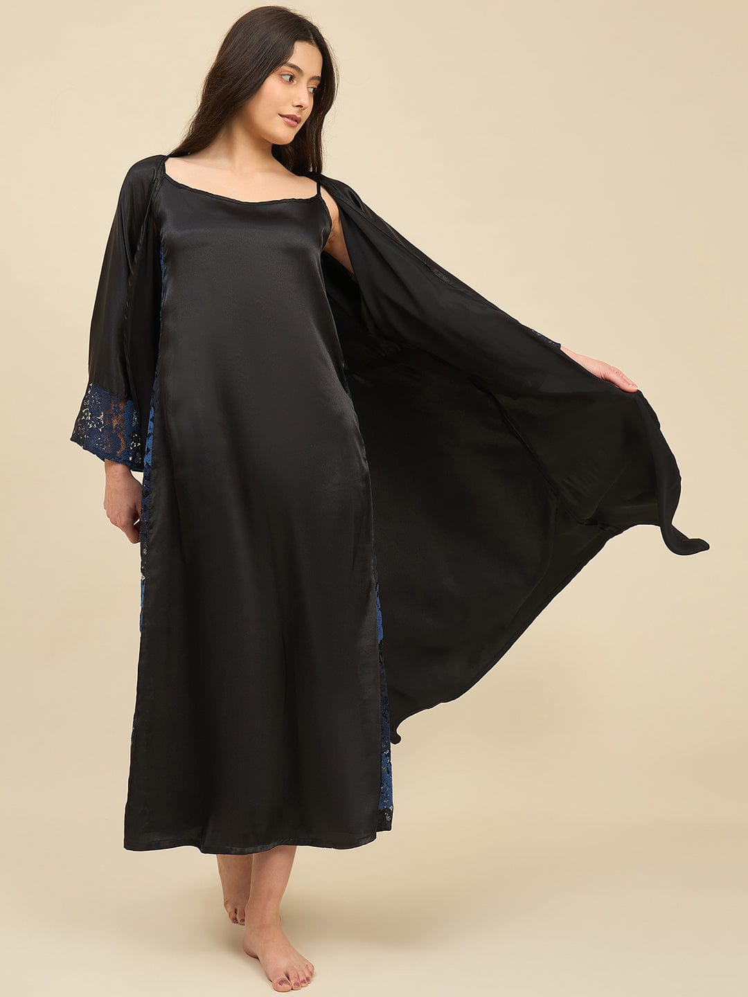 The Kaftan Company Sleep Gowns Black Satin Gown Set with Lace Trim