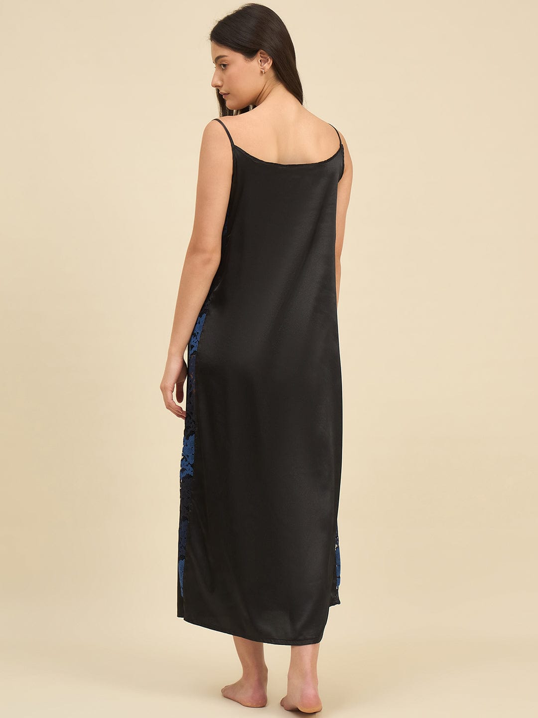 The Kaftan Company Sleep Gowns Black Satin Gown Set with Lace Trim