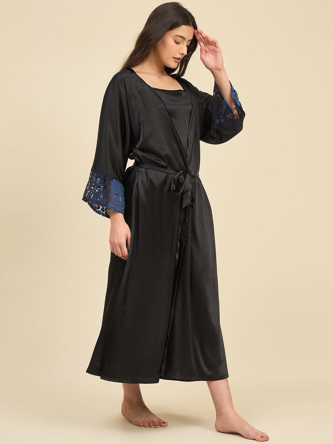 The Kaftan Company Sleep Gowns Black Satin Gown Set with Lace Trim