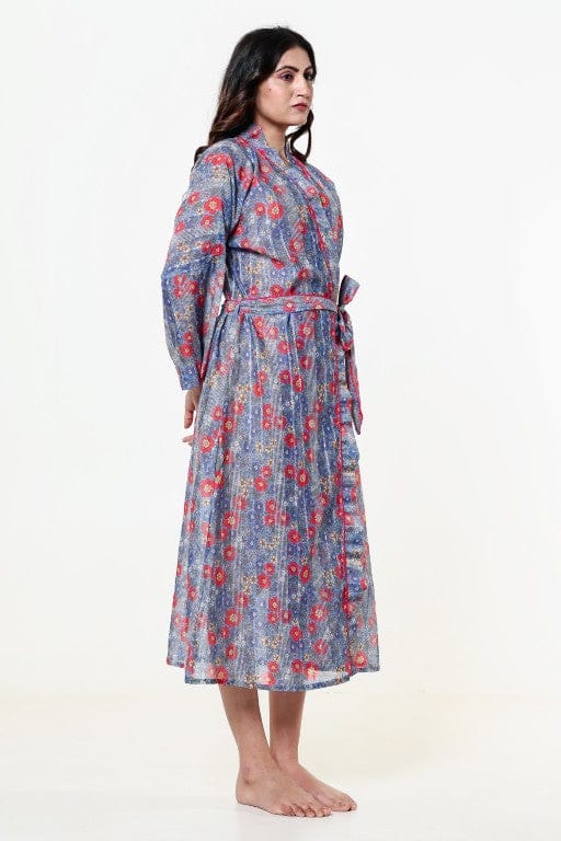 The Kaftan Company Sleep Gowns Blue Cotton Blend Floral Wrap Nightgown with Tie Belt