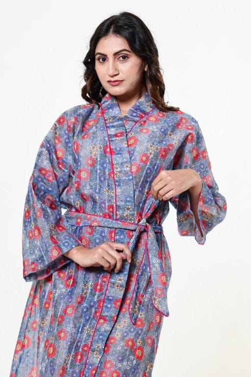 The Kaftan Company Sleep Gowns Blue Cotton Blend Floral Wrap Nightgown with Tie Belt