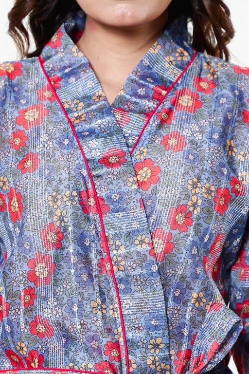 The Kaftan Company Sleep Gowns Blue Cotton Blend Floral Wrap Nightgown with Tie Belt