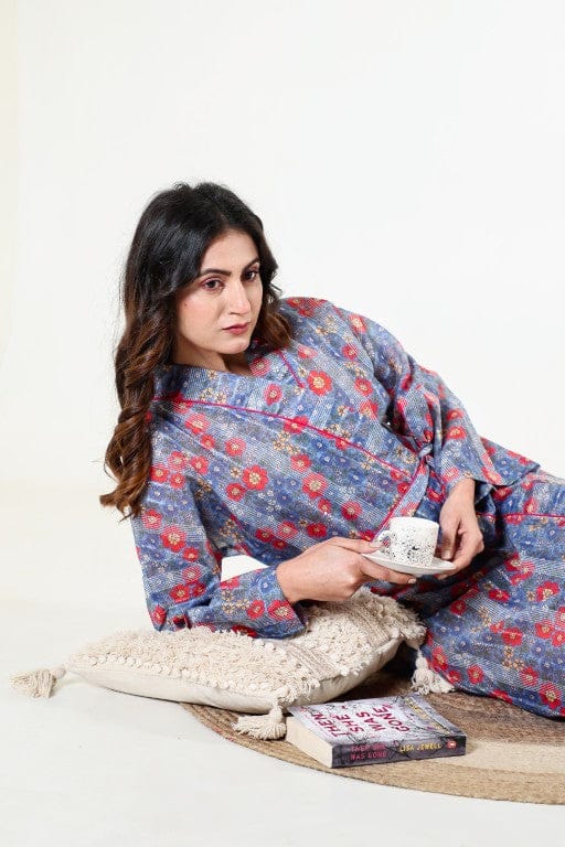 The Kaftan Company Sleep Gowns Blue Cotton Blend Floral Wrap Nightgown with Tie Belt