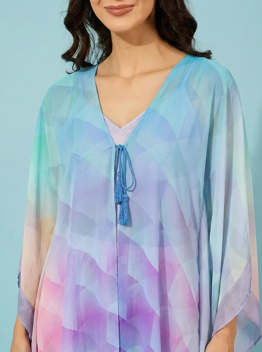 The Kaftan Company Sleep Gowns Blue Lilac Ombre Georgette Robe and Satin Slip Nightgown Set