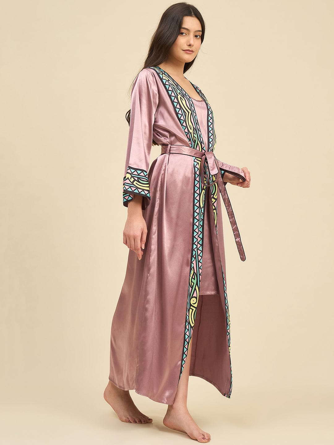 The Kaftan Company Sleep Gowns Blush Pink Satin Gown Set with Geometric Printed Trim – Elegant Bridal Nightwear
