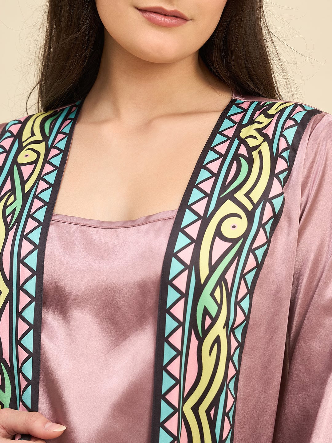 The Kaftan Company Sleep Gowns Blush Pink Satin Gown Set with Geometric Printed Trim – Elegant Bridal Nightwear