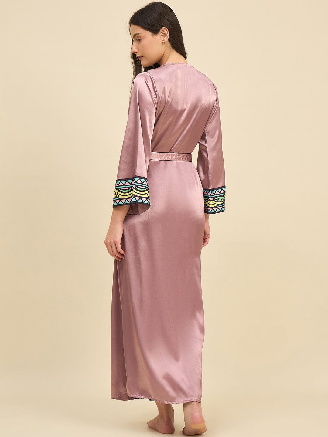 The Kaftan Company Sleep Gowns Blush Pink Satin Gown Set with Geometric Printed Trim – Elegant Bridal Nightwear