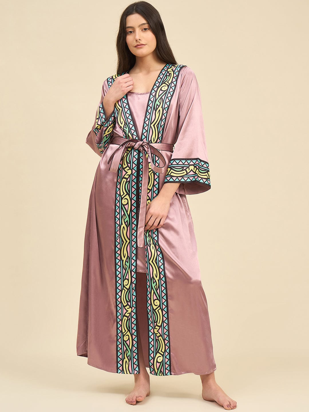 The Kaftan Company Sleep Gowns Blush Pink Satin Gown Set with Geometric Printed Trim – Elegant Bridal Nightwear
