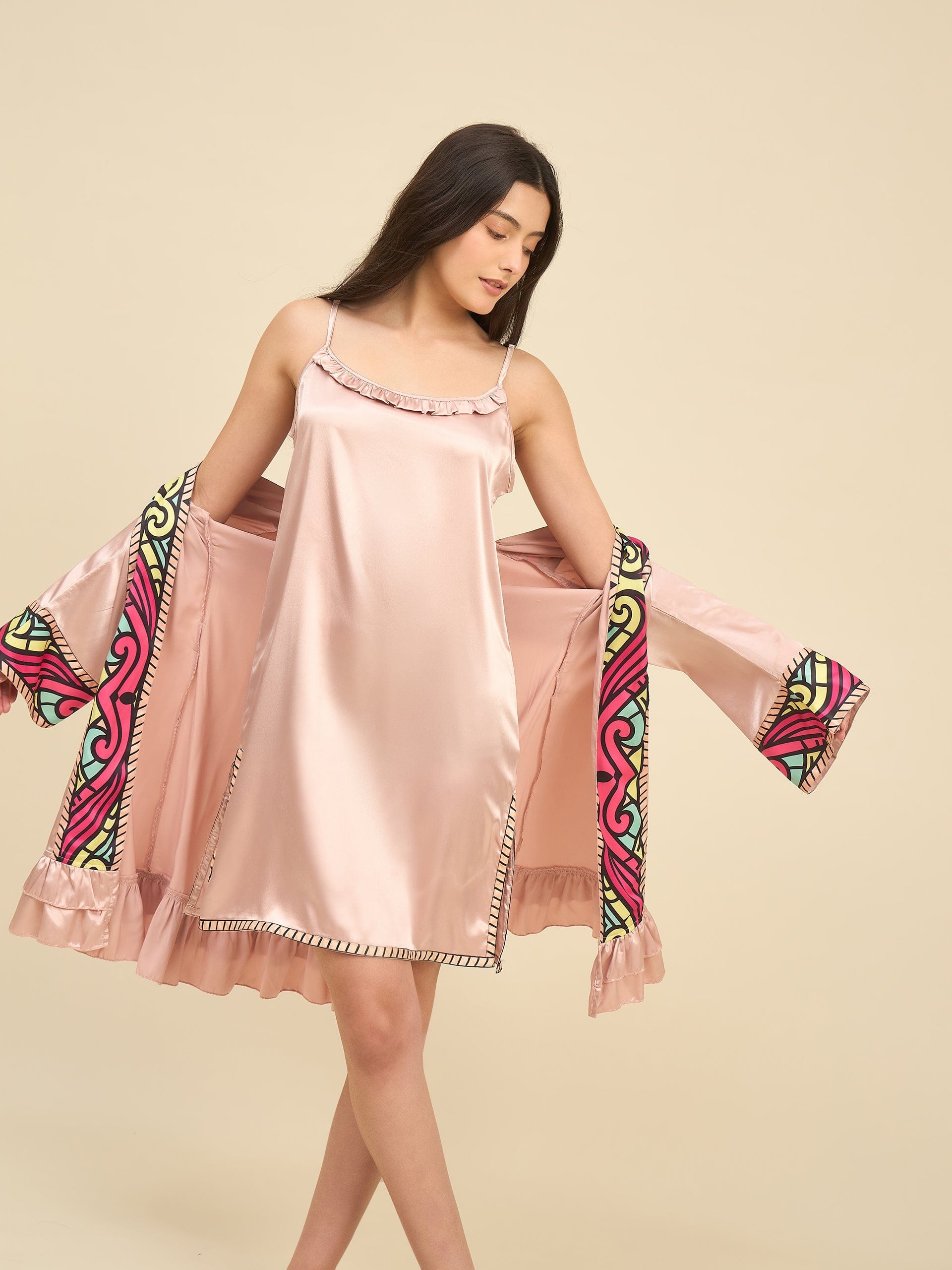 The Kaftan Company Sleep Gowns Blush Satin Gown Set with Printed Borders & Slip Dress