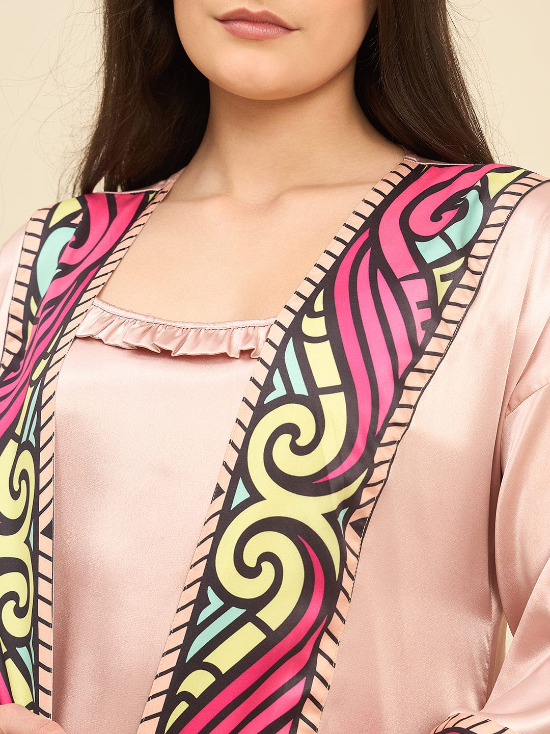 The Kaftan Company Sleep Gowns Blush Satin Gown Set with Printed Borders & Slip Dress