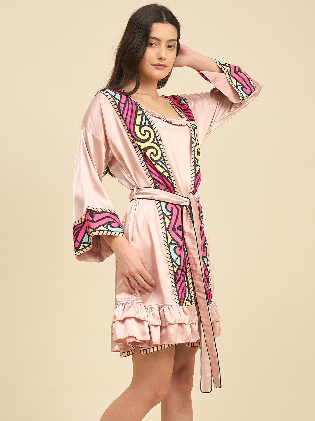 The Kaftan Company Sleep Gowns Blush Satin Gown Set with Printed Borders & Slip Dress