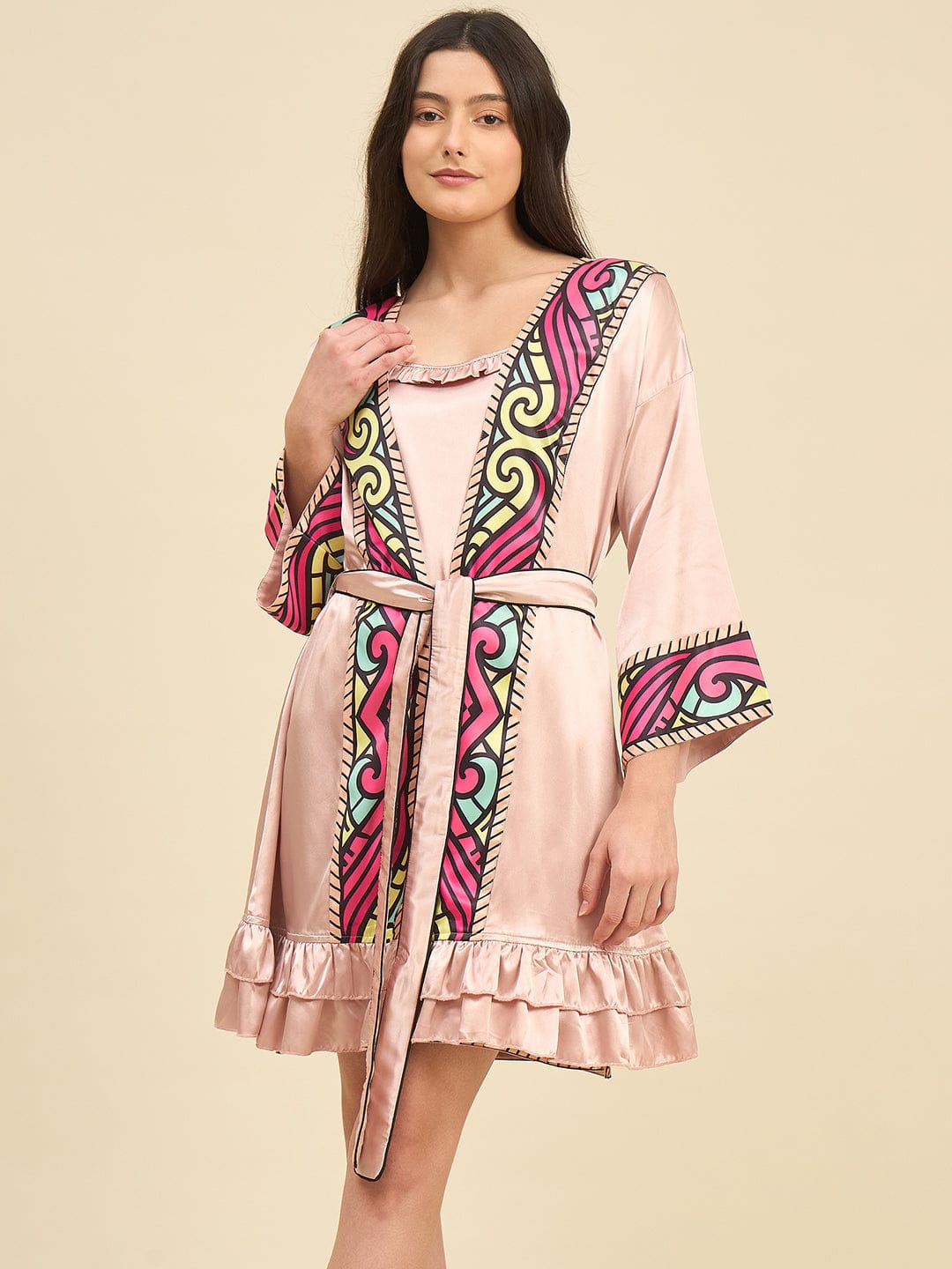 The Kaftan Company Sleep Gowns Blush Satin Gown Set with Printed Borders & Slip Dress