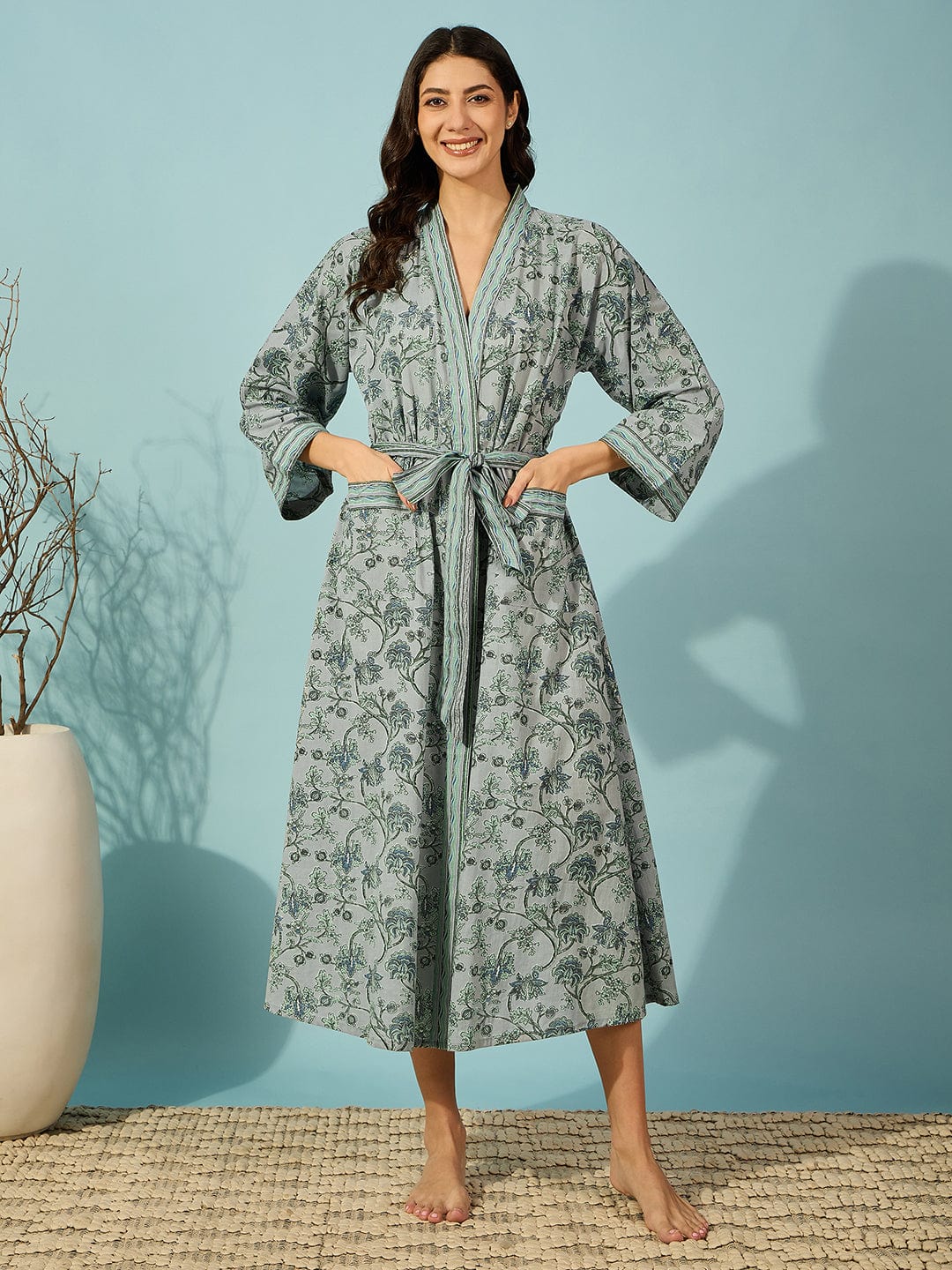 The Kaftan Company Sleep Gowns Floral Grey Cotton Wrap Night Gown