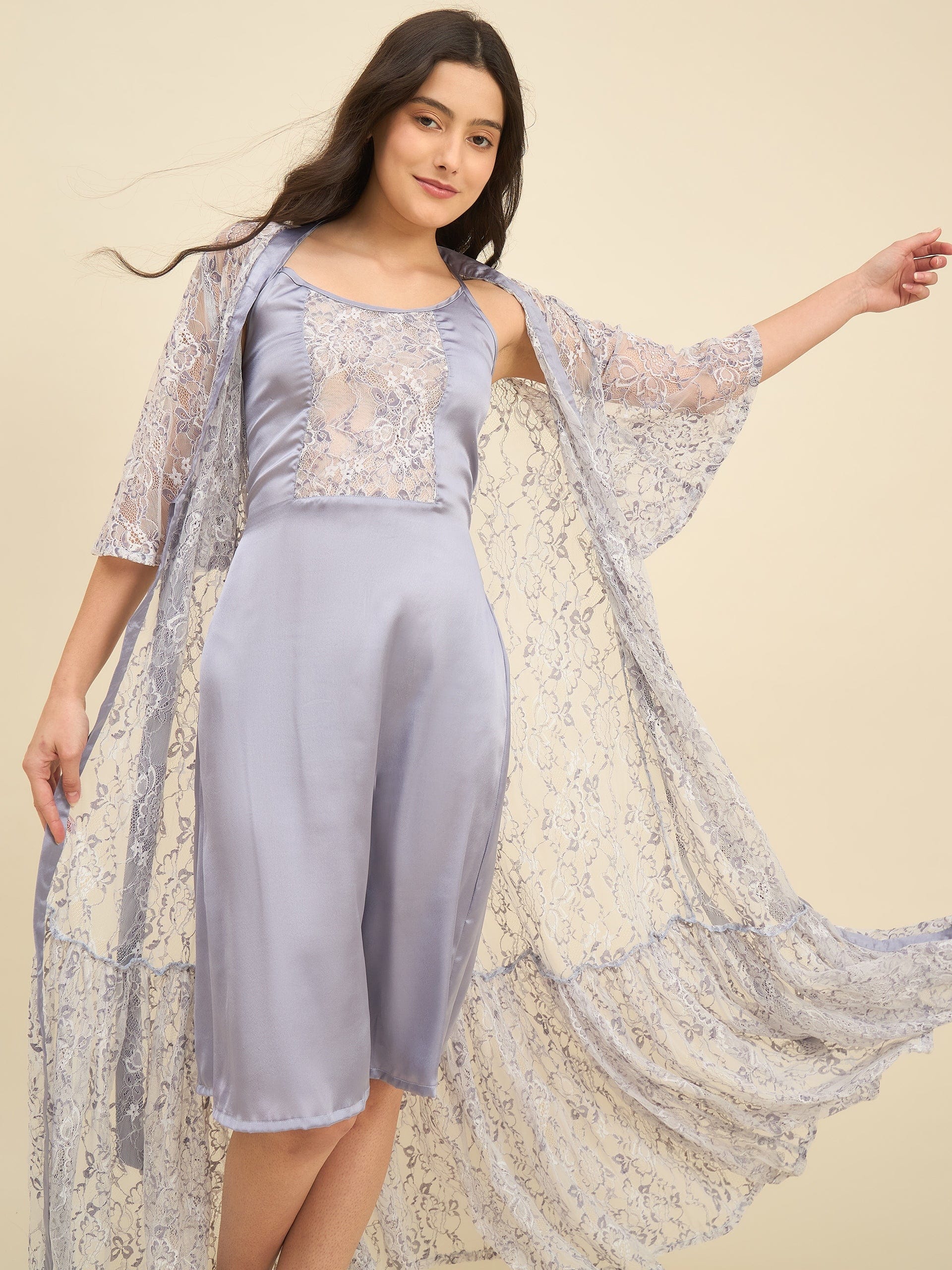 The Kaftan Company Sleep Gowns Lilac Lace Gown with Satin Inner Slip - Intimare Bridal Collection