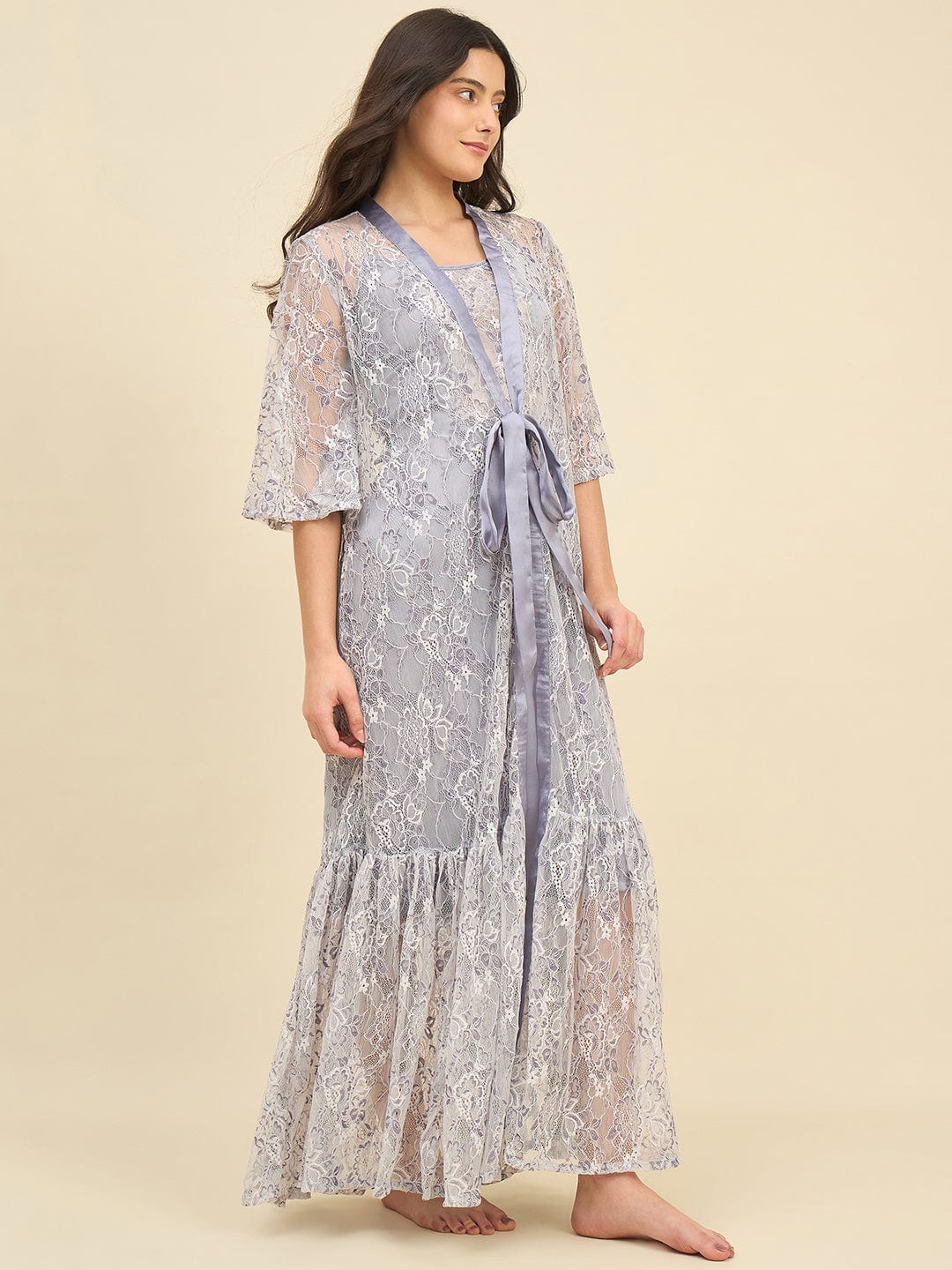 The Kaftan Company Sleep Gowns Lilac Lace Gown with Satin Inner Slip - Intimare Bridal Collection