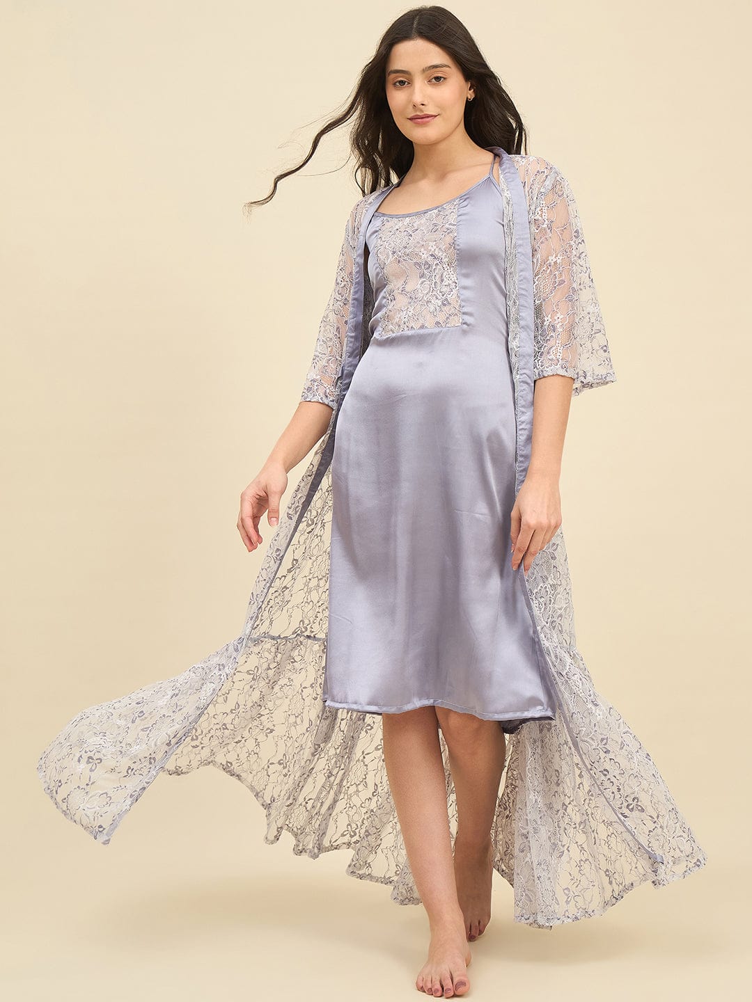 The Kaftan Company Sleep Gowns Lilac Lace Gown with Satin Inner Slip - Intimare Bridal Collection