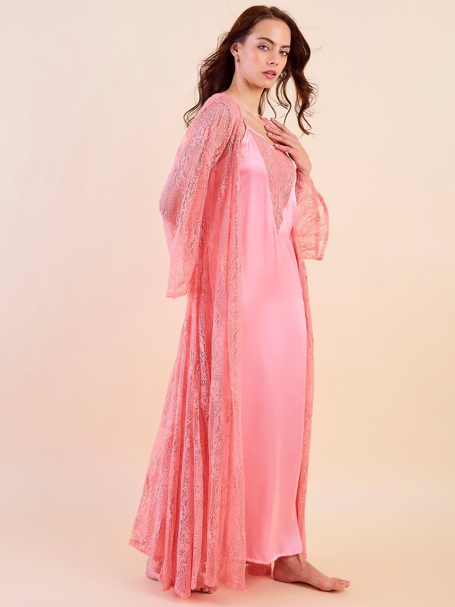 The Kaftan Company Sleep Gowns Luxury Lace Gown Set - Sheer Lace Gown with Satin Slip
