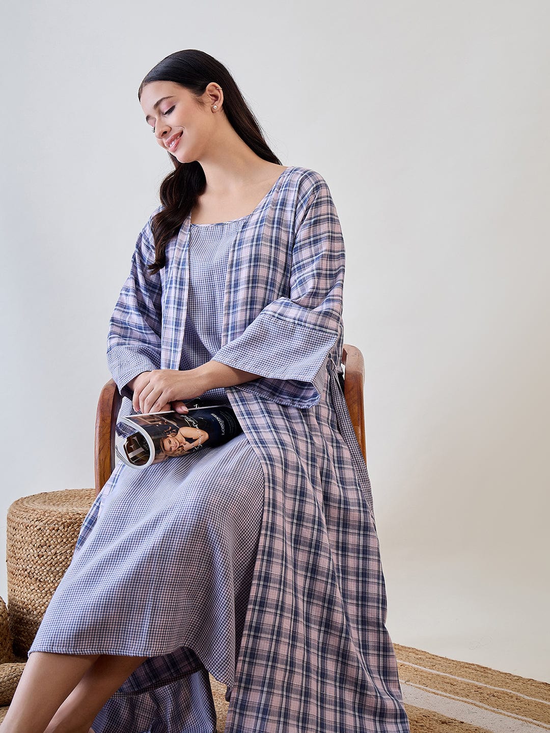 The Kaftan Company Sleep Gowns Multicoloured Cotton Gingham Gownset