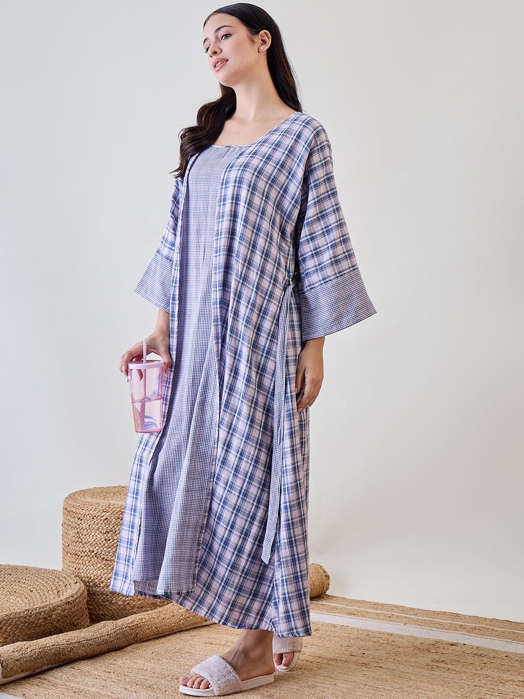The Kaftan Company Sleep Gowns Multicoloured Cotton Gingham Gownset