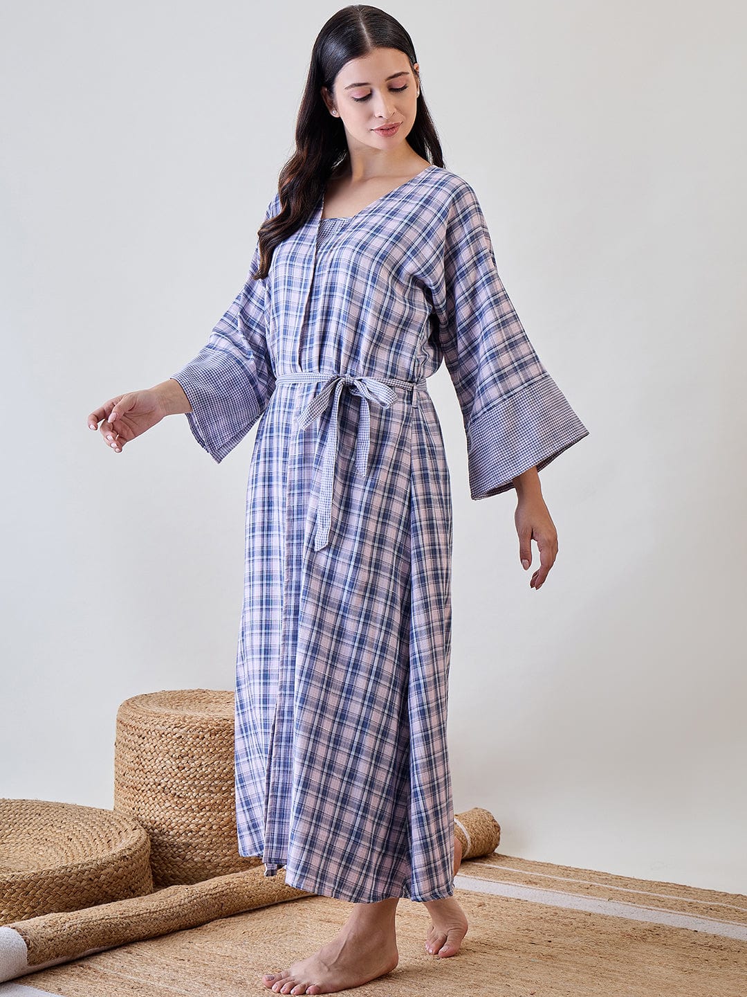 The Kaftan Company Sleep Gowns Multicoloured Cotton Gingham Gownset