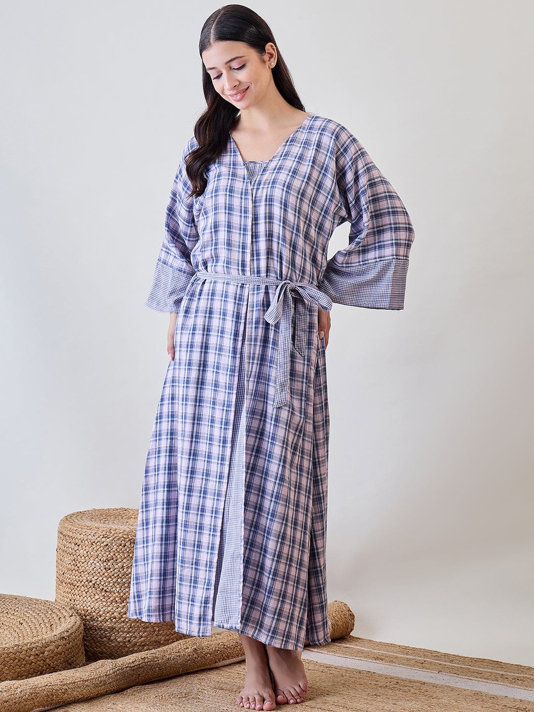 The Kaftan Company Sleep Gowns Multicoloured Cotton Gingham Gownset
