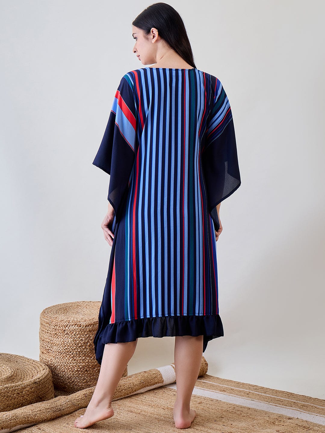 The Kaftan Company Sleep Gowns Navy Blue Striped Ruffled Viscose Gown Set