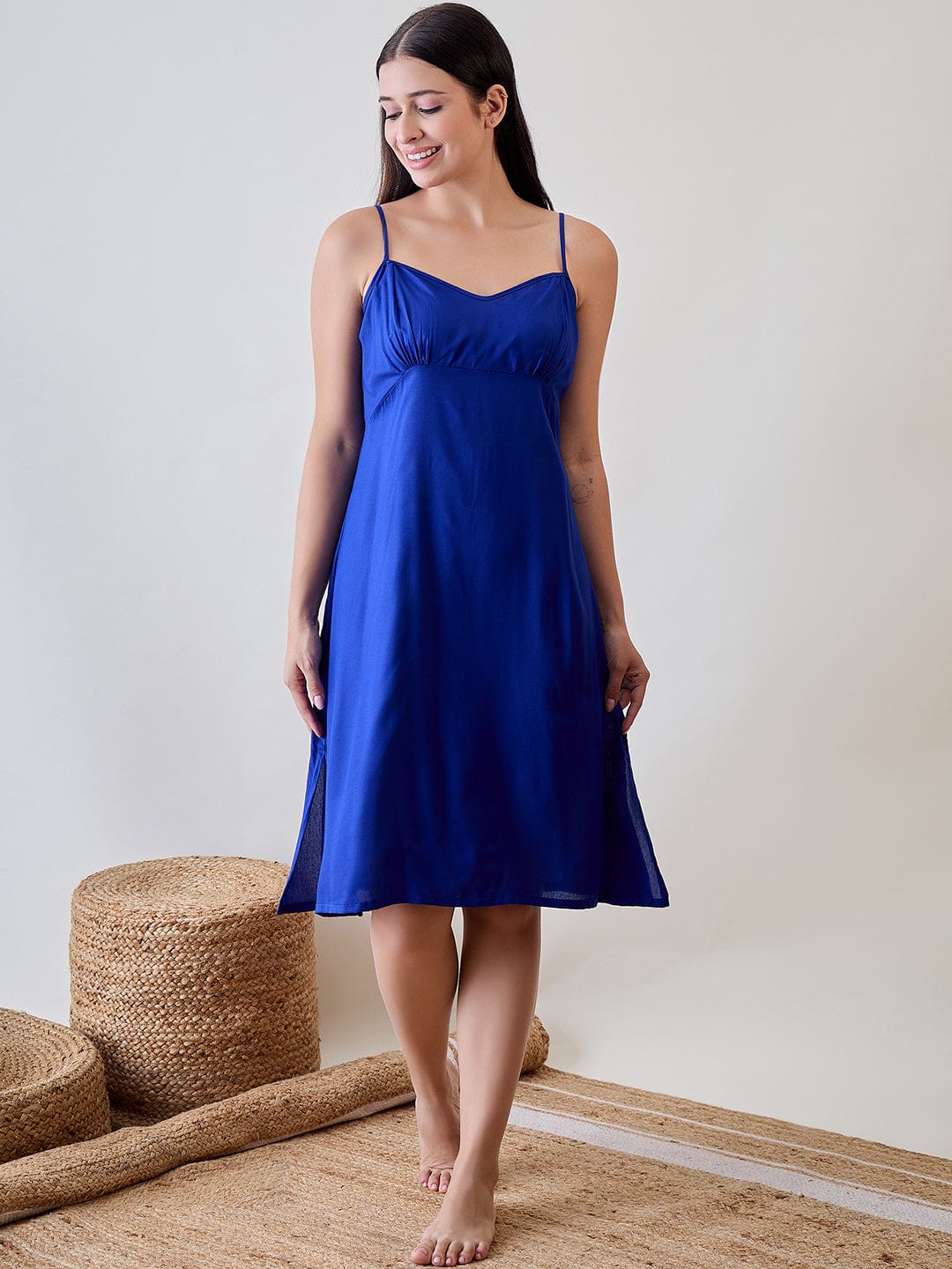 The Kaftan Company Sleep Gowns Navy Blue Striped Ruffled Viscose Gown Set