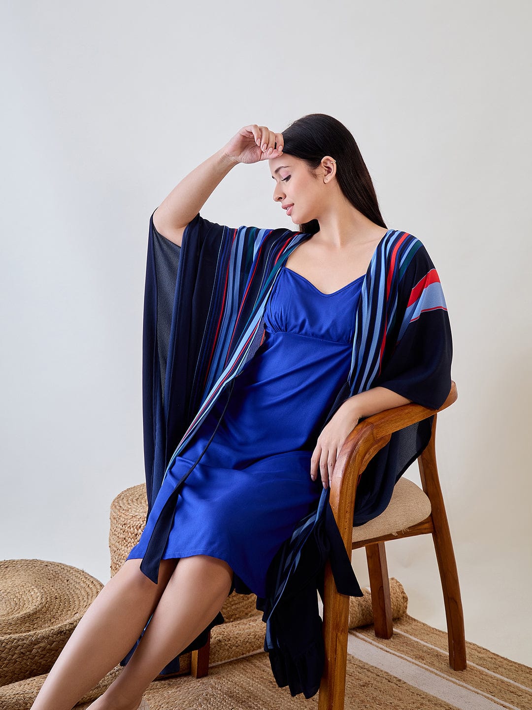The Kaftan Company Sleep Gowns Navy Blue Striped Ruffled Viscose Gown Set