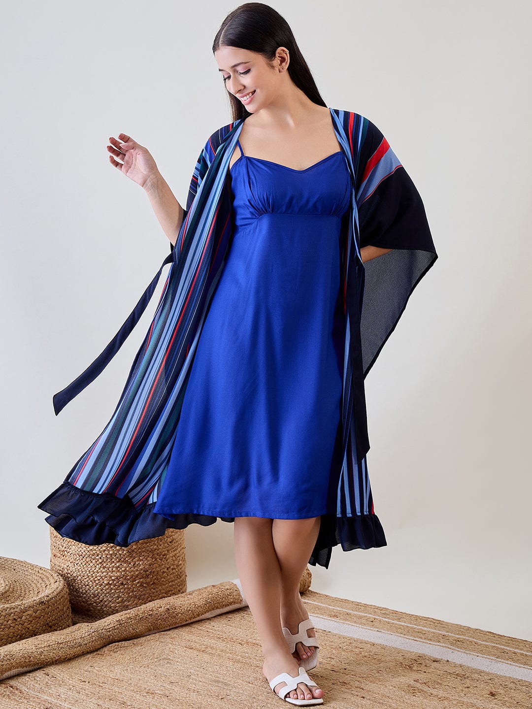 The Kaftan Company Sleep Gowns Navy Blue Striped Ruffled Viscose Gown Set