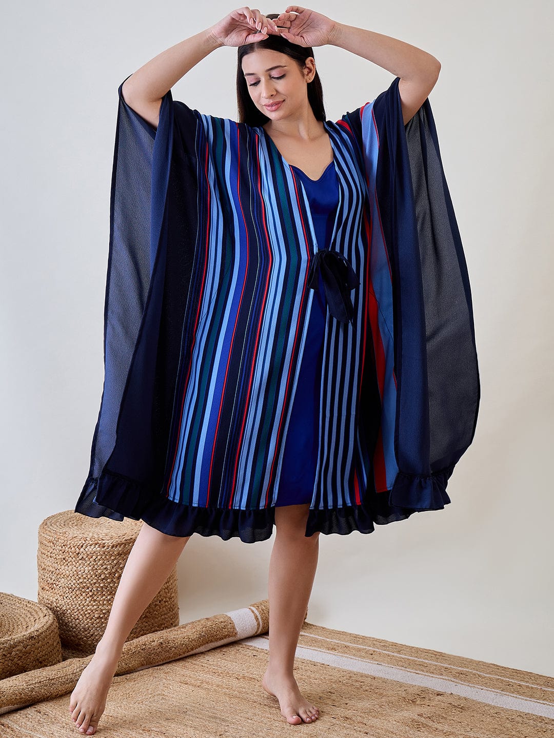 The Kaftan Company Sleep Gowns Navy Blue Striped Ruffled Viscose Gown Set