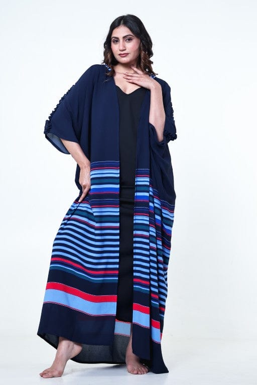 The Kaftan Company Sleep Gowns Onesize Blue Striped Freesize Kaftan Sleep Gown in Soft Crepe
