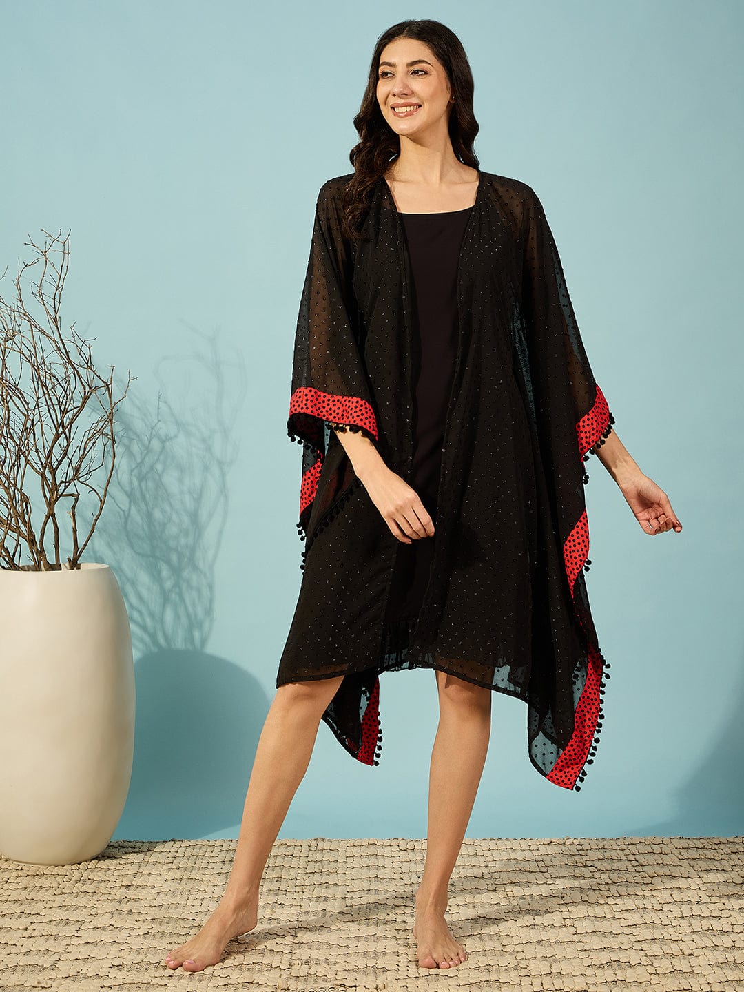 The Kaftan Company Sleep Gowns Red Polka Border Black Georgette Dobby Gown and Slip Set