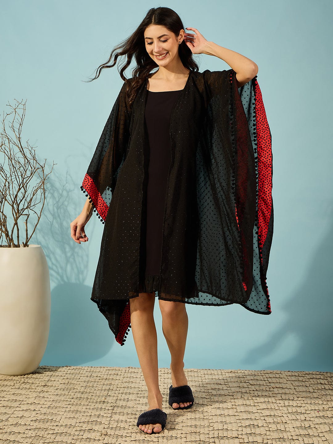 The Kaftan Company Sleep Gowns Red Polka Border Black Georgette Dobby Gown and Slip Set