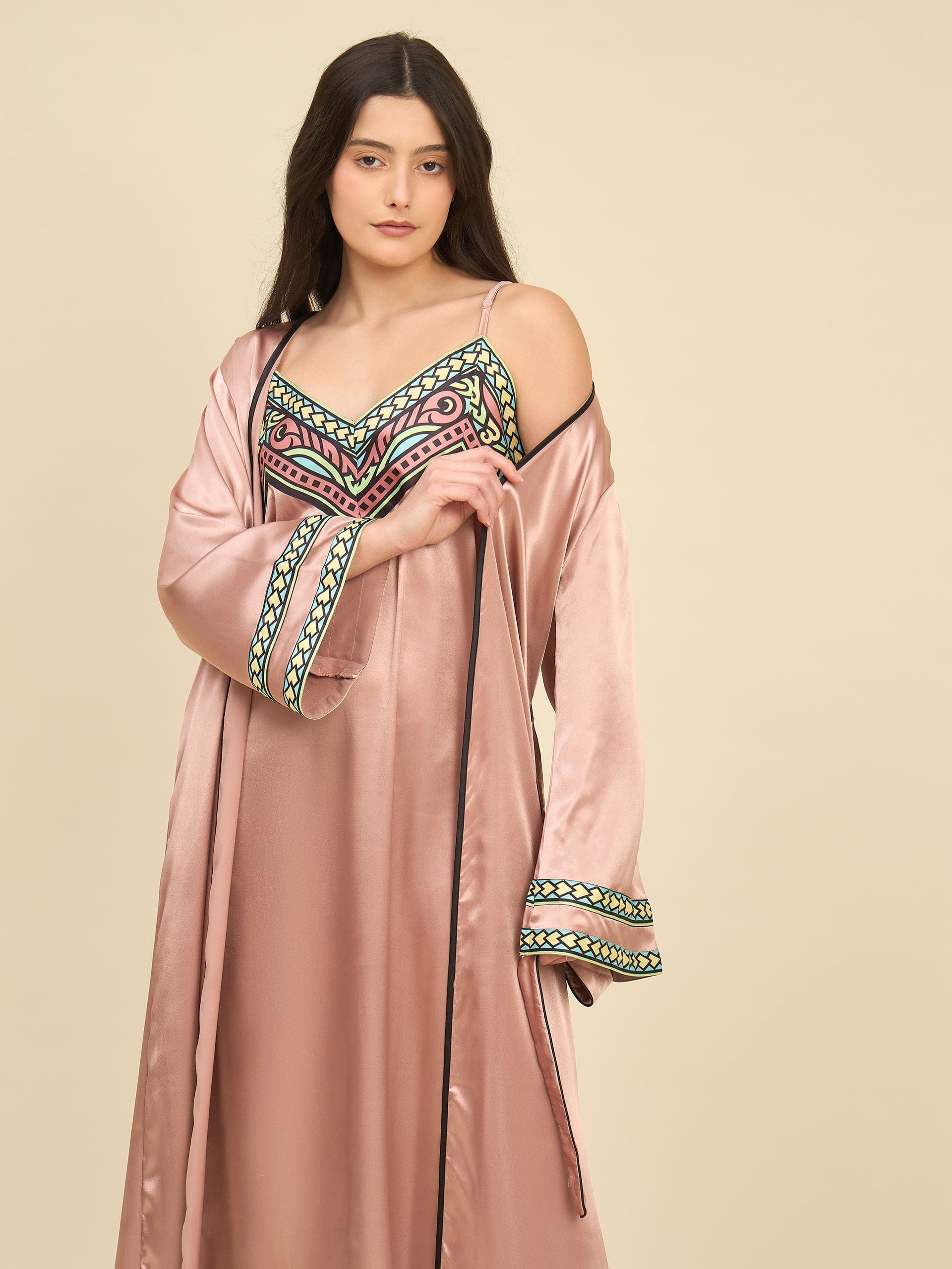 The Kaftan Company Sleep Gowns Rose Gold Satin Gown Set with Printed Border Trim & Robe – Bridal Intimare