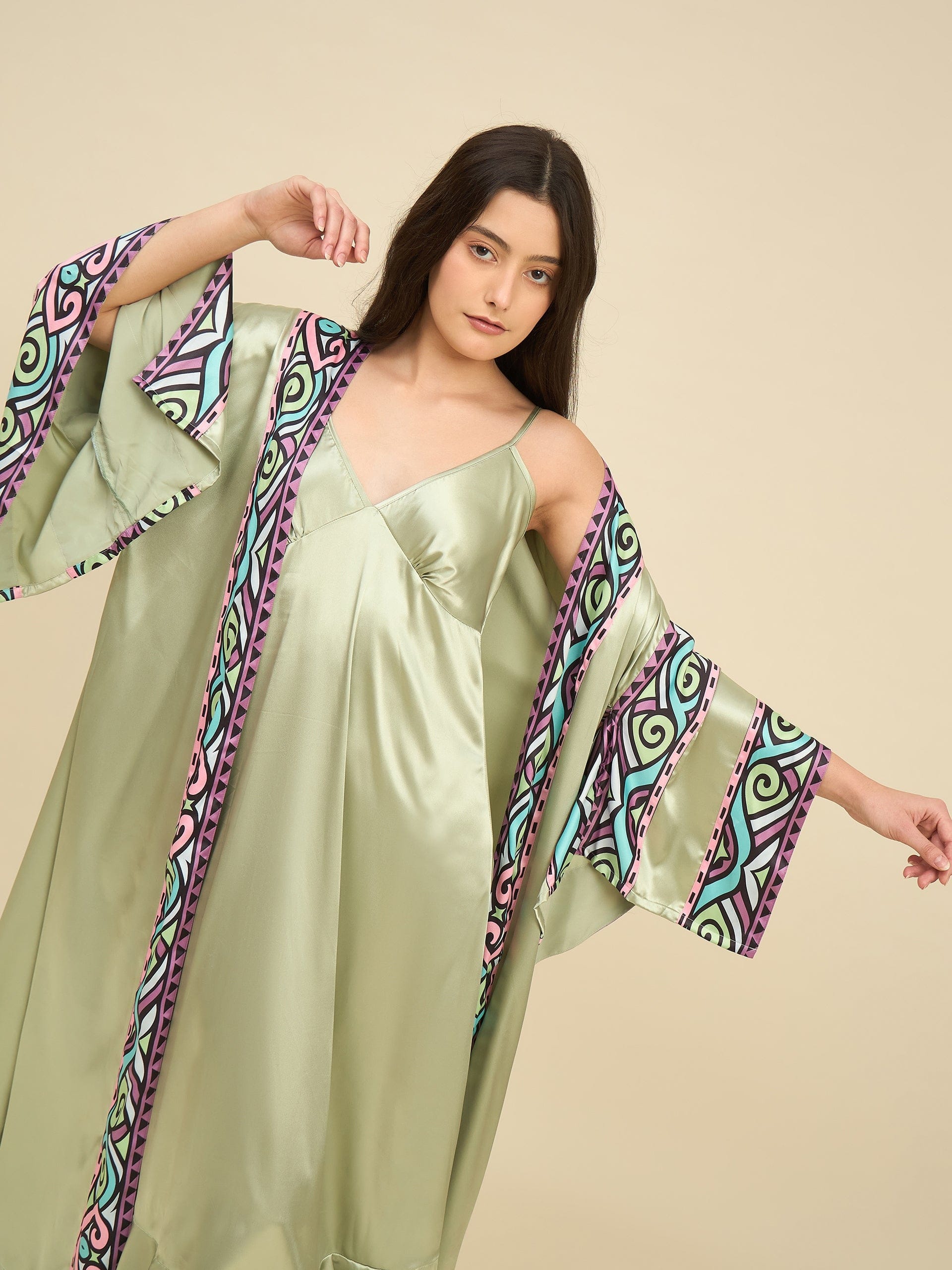 The Kaftan Company Sleep Gowns Sage Green Satin Gown Set with Multicolour Printed Trim - Bridal Intimare