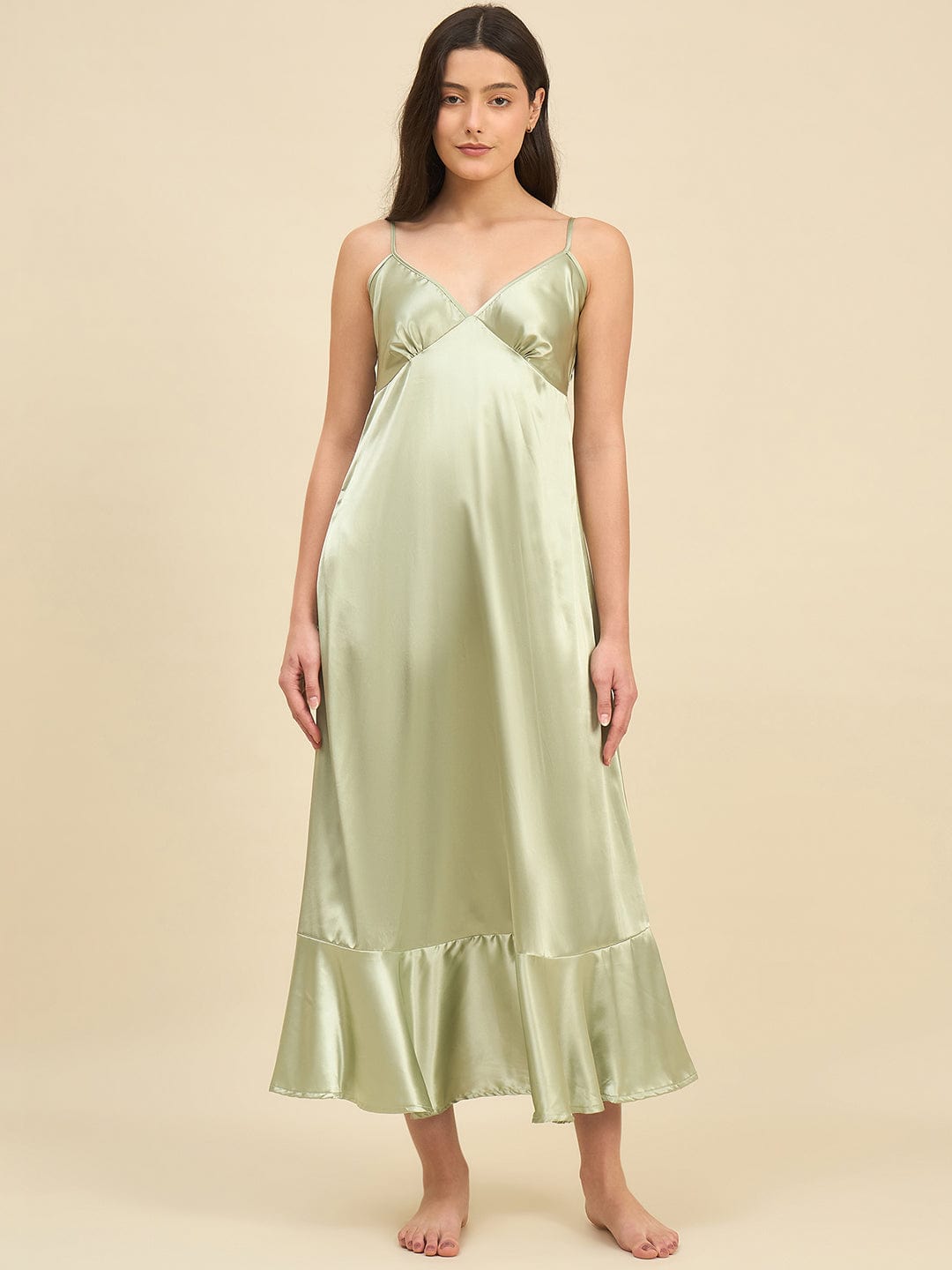 The Kaftan Company Sleep Gowns Sage Green Satin Gown Set with Multicolour Printed Trim - Bridal Intimare
