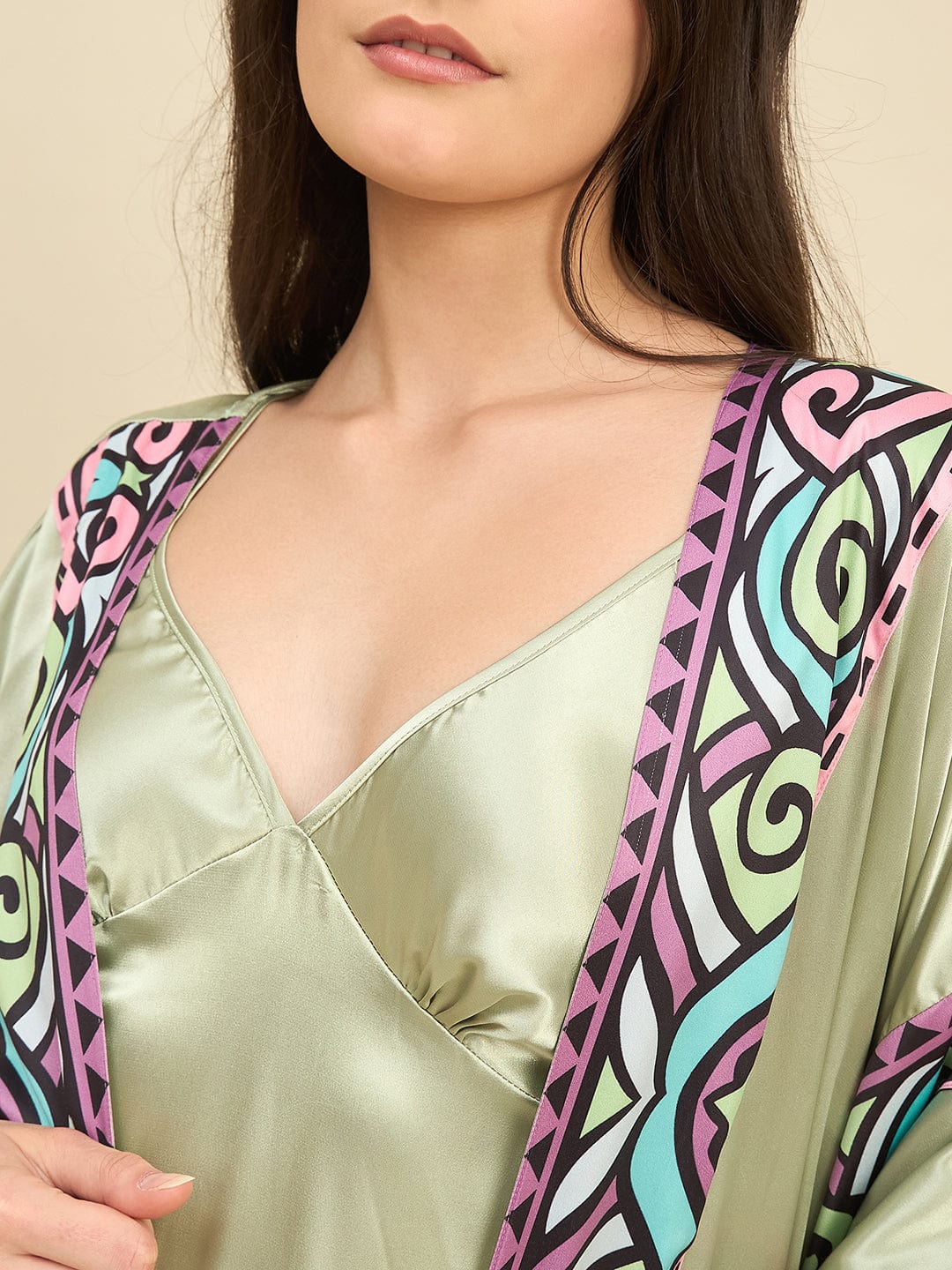 The Kaftan Company Sleep Gowns Sage Green Satin Gown Set with Multicolour Printed Trim - Bridal Intimare
