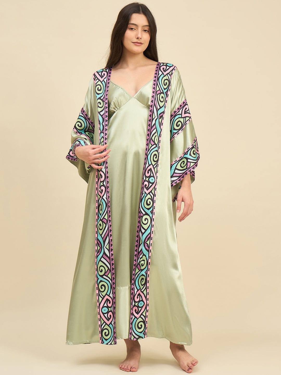 The Kaftan Company Sleep Gowns Sage Green Satin Gown Set with Multicolour Printed Trim - Bridal Intimare