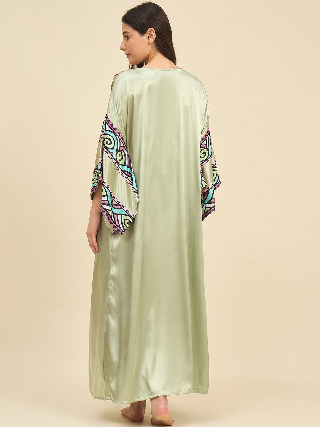The Kaftan Company Sleep Gowns Sage Green Satin Gown Set with Multicolour Printed Trim - Bridal Intimare