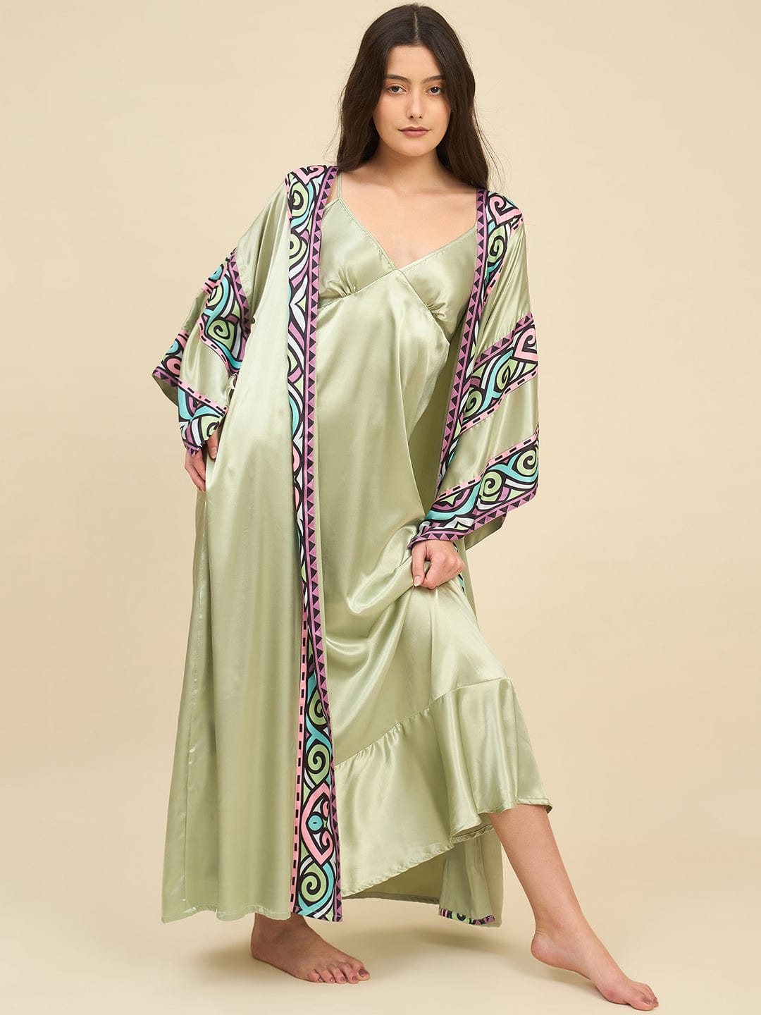 The Kaftan Company Sleep Gowns Sage Green Satin Gown Set with Multicolour Printed Trim - Bridal Intimare