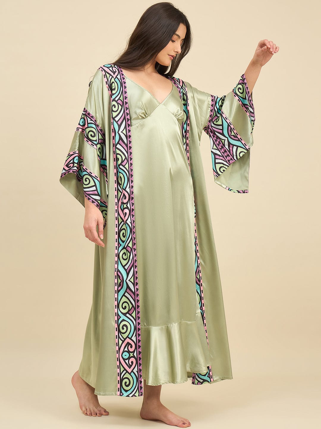 The Kaftan Company Sleep Gowns Sage Green Satin Gown Set with Multicolour Printed Trim - Bridal Intimare